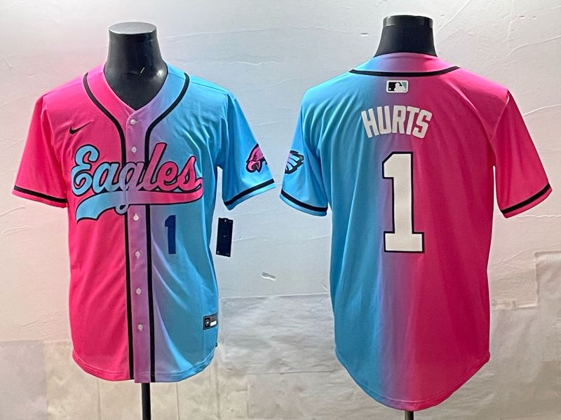 Men 2025 Philadelphia Eagles 1 Hurts Blue pink Nike Limited NFL Jersey style 05